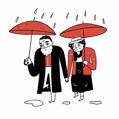 Elderly couple walking hand in hand and spreading umbrellas. Hand drawn Vector Illustration doodle style.