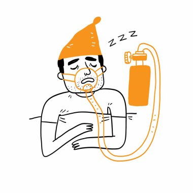 Cpap maskesi takan genç bir adam yatakta uyuyor, horlayan bir adam. Uykuyu engelleyen apne tedavisi. Cpap terapisi, tıbbi sağlık, uyku testi, iyi uyku, makine, hasta, uyku düzensiz nefes alma. El çizimi