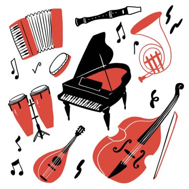 Müzik enstrümanı hazır. Orkestra, akustik konser, müzik ve okul konsepti için kullanılabilir. El çizimi vektör çizimi çizim biçimi.