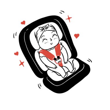 Vector illustration of happy smiling child sitting in a car seat on a white background. Hand drawn vector illustration doodle style.
