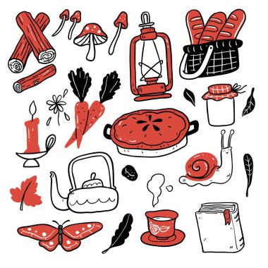 Cottage core set elements, isolated on white background. Hand drawn vector illustration doodle style.