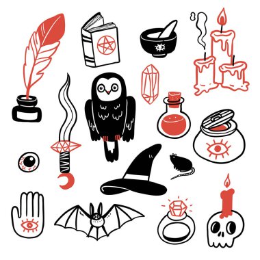 Witchcraft magical symbol crystal icons set. Hand drawn vector illustration doodle style.