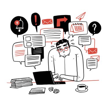 The man obsessed with work. Hand drawn vector illustration. 