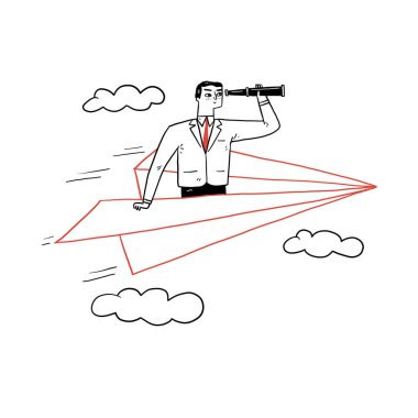 Businessman flying with paper plane using telescope. Hand drawn vector illustrations.