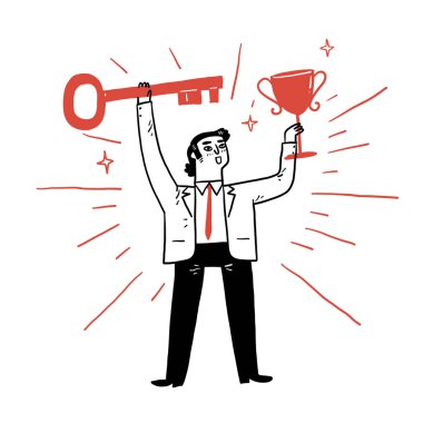Business man holding up a gold key and trophy cup. Business to successful concept. Hand drawn vector illustrations.