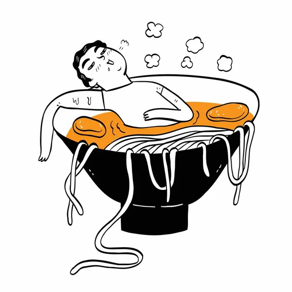 Man Sleeping Cup Udon Hand Drawn Vector Illustration — ストックベクタ