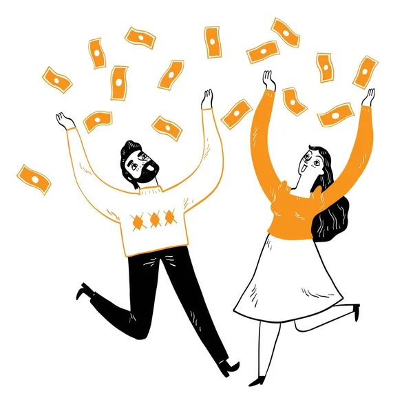 Business Success Concept Couple Scattering Lot Money Air Hand Drawn — Vetor de Stock