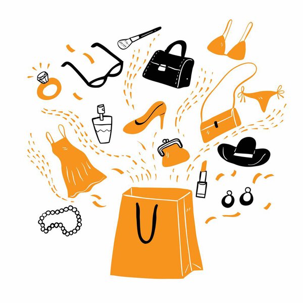 Many types of products ejected from a shopping bag. Hand drawn vector illustration doodle style.