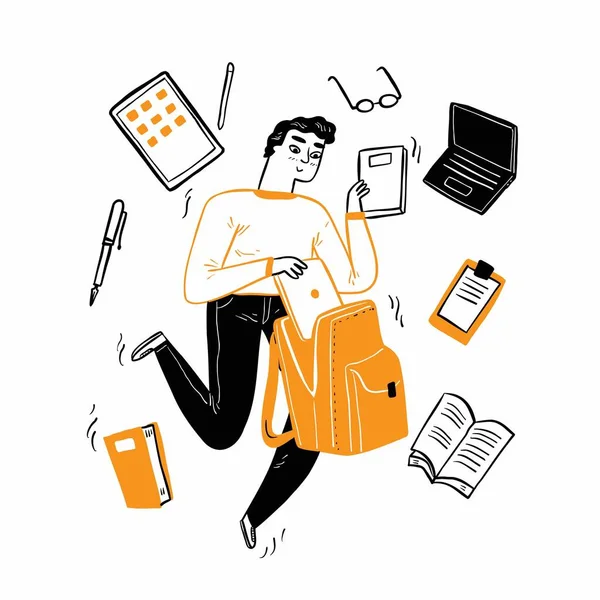 Genç adam okul için ekipman hazırlıyor büyük bir çanta, defter, kitap, tablet koy. El çizimi vektör çizimi çizim biçimi.