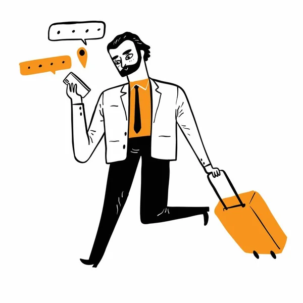 Young Businessman Employee Dragging Suitcase Type Text Message Smartphone Hand — Wektor stockowy