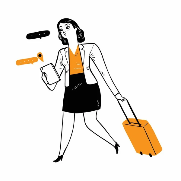 Young Business Woman Employee Dragging Suitcase Type Text Message Smartphone — Image vectorielle