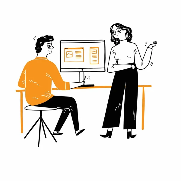 Employees talk near their desks about work they do together. Hand drawn vector illustration.
