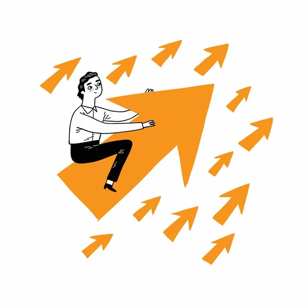 Young Businessman Riding Arrow Going Hand Drawn Vector Illustration — Vector de stock