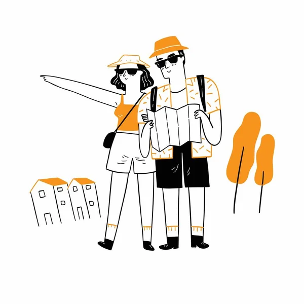 Happy Smiling Tourist Couple Enjoying Summer Vacation Getaway Together Hand — Vetor de Stock