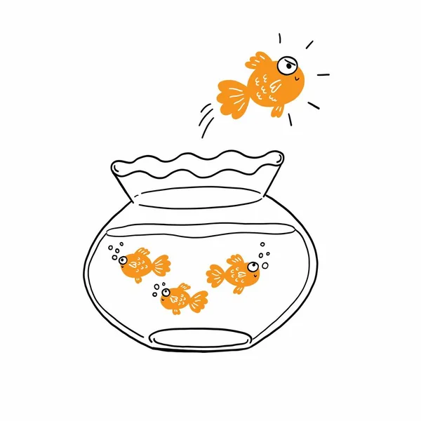 Goldfish Jumping Out Water Escape Freedom Hand Drawn Vector Illustration — Vector de stock