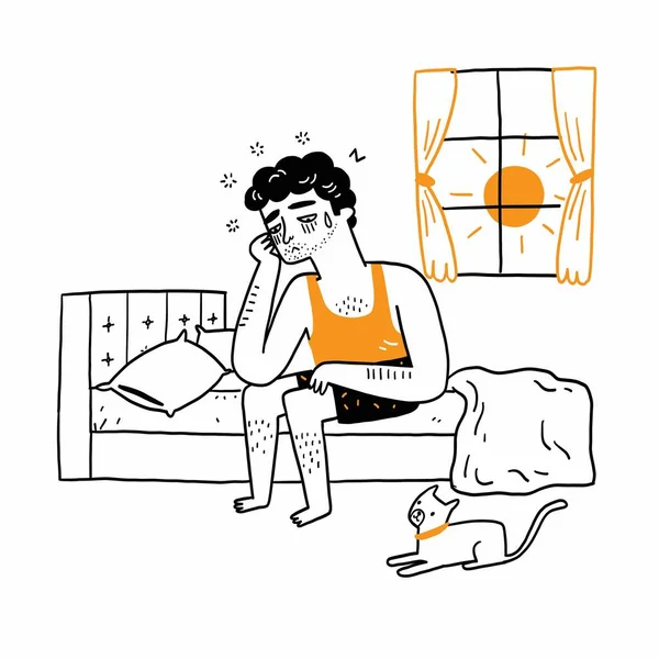男人有睡眠问题 先天性疾病 早上不精神 手绘矢量插图涂鸦风格 — 图库矢量图片