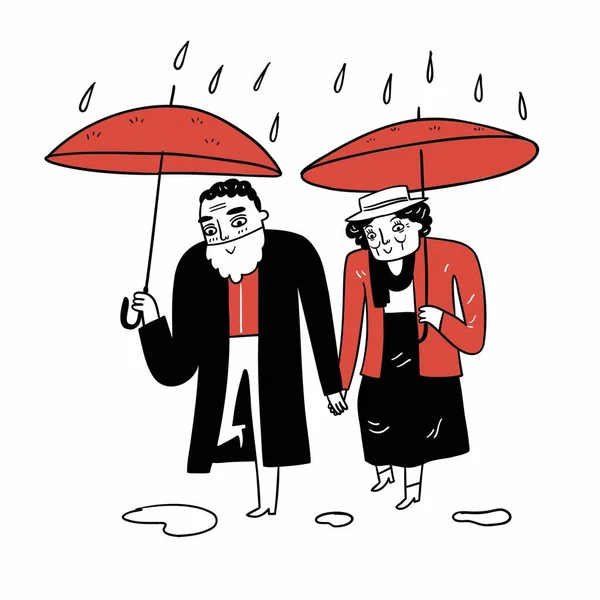 Elderly Couple Walking Hand Hand Spreading Umbrellas Hand Drawn Vector — Stockvektor