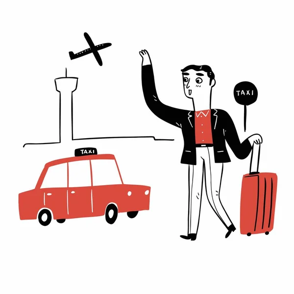 Attractive Businessman Calling Taxi Airport Hand Drawn Vector Illustration Doodle - Stok Vektor