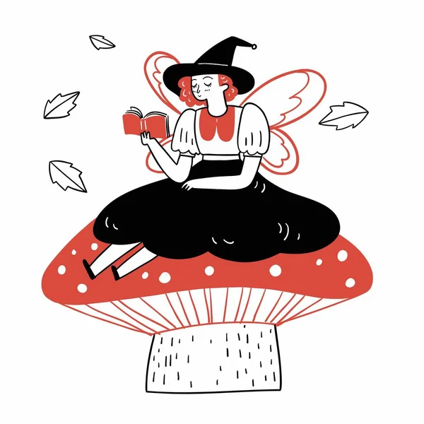 Young Woman Fancy Dress Sits Reads Book Large Mushroom Hand — Wektor stockowy