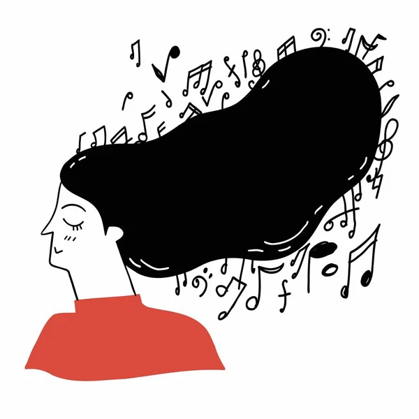 Wanita Dengan Catatan Musik Keluar Dari Rambutnya Tangan Digambar Vector - Stok Vektor