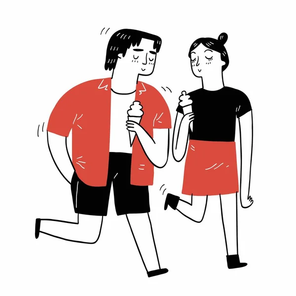 Couple Eating Ice Cream Hand Drawn Vector Illustration Doodle Style — Vector de stock