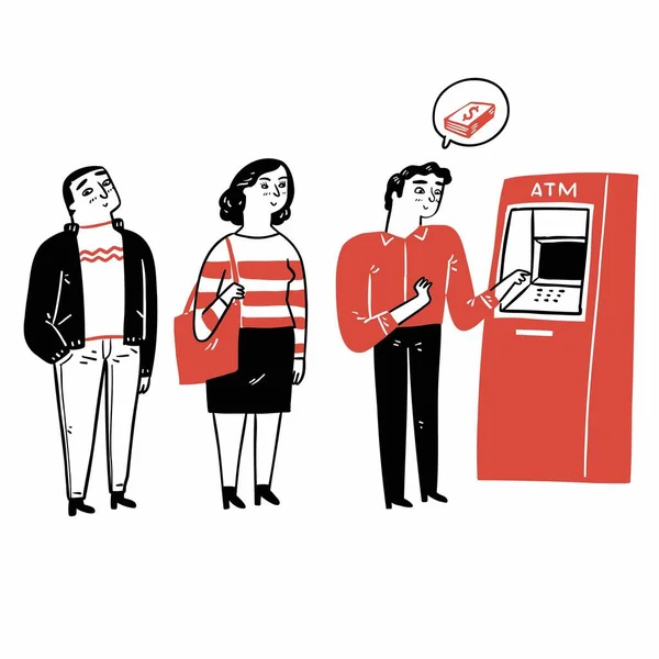 People Queued Use Kiosk Atm Hand Drawn Vector Illustration Doodle — Stockvector