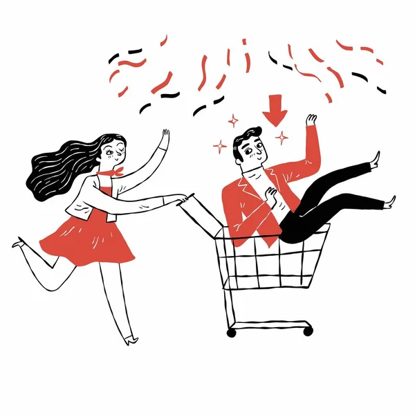 Cute Couple Pretty Woman Take Boyfriend Cart Hand Drawn Vector — Stockvector