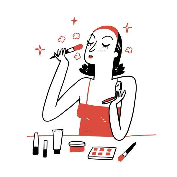 Beautiful Girls Applying Makeup Border Assorted Cosmetics Toiletries White Background — Vetor de Stock