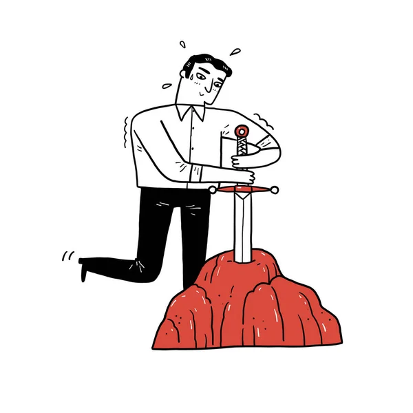 Векторная Иллюстрация Бизнес Концепции Предпринимателя Пытается Извлечь Меч Экскалибура Камня — стоковый вектор
