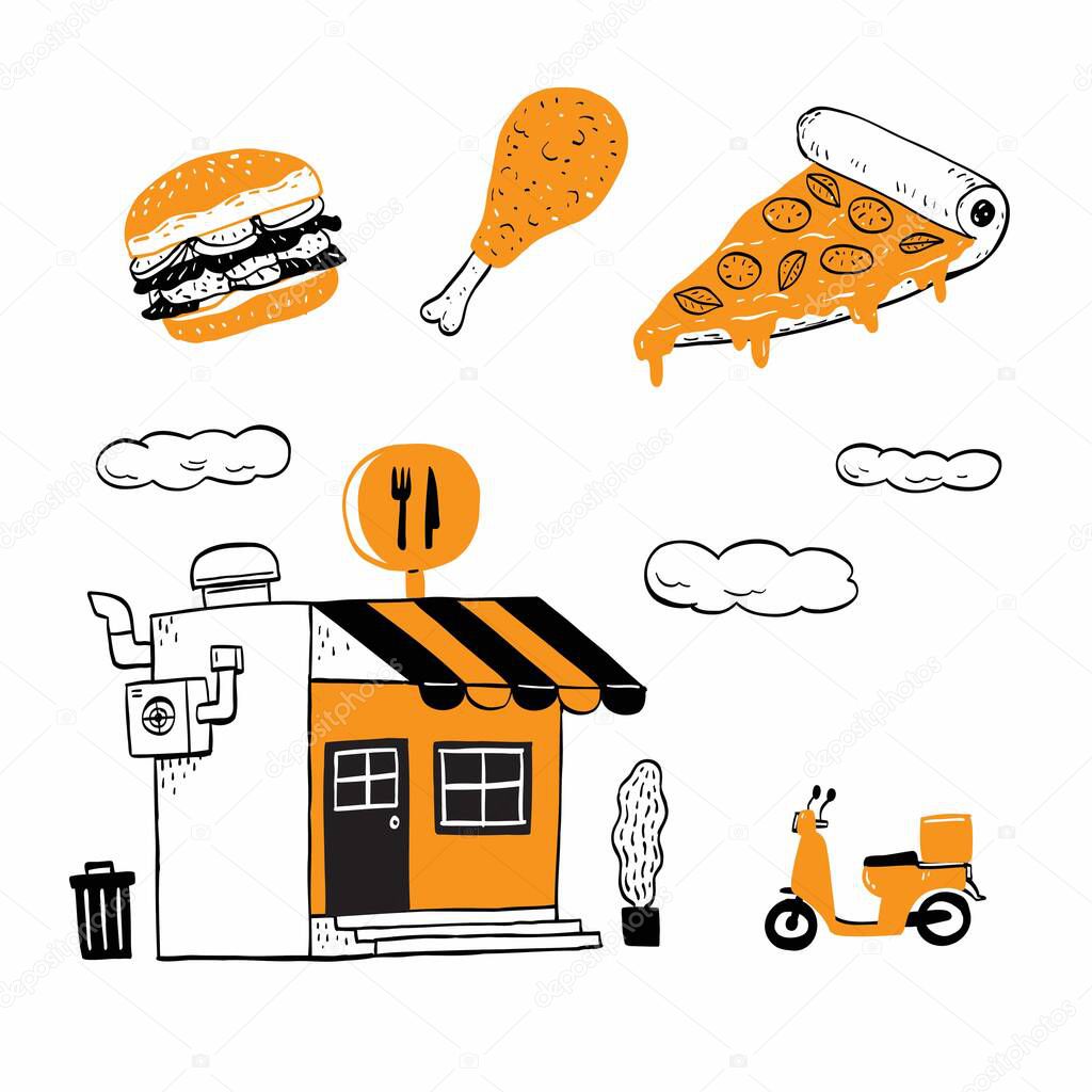 Stores and shops with shop, pizza, burger restaurant, Hand drawn vector illustration