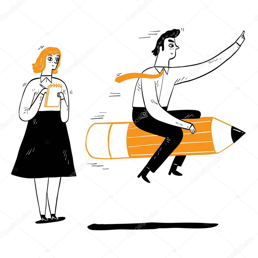 Business success concept, Businessman or employee ride a pencil. Hand drawn vector illustration doodle.