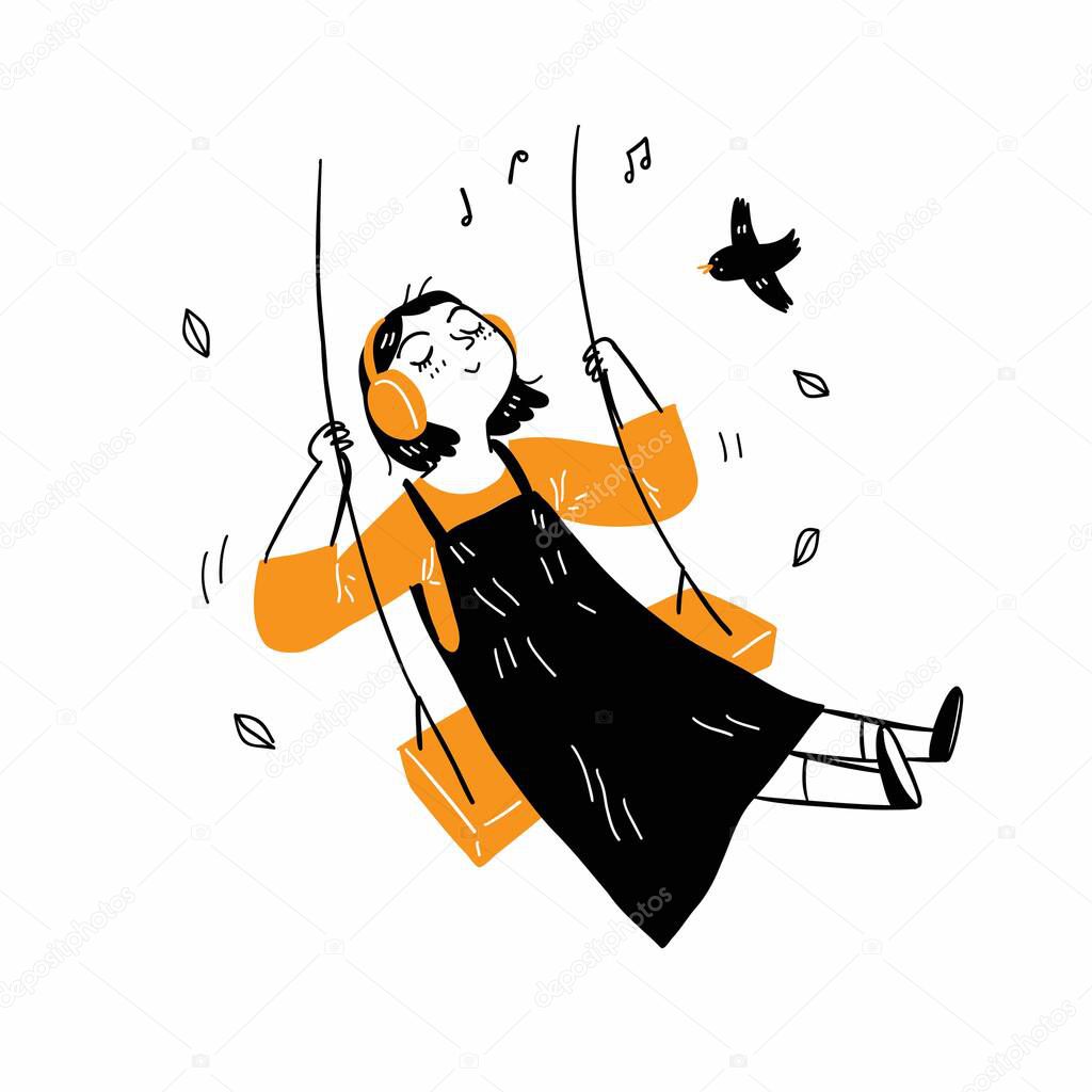 Child on a swing in line art drawing style. Black linear sketch isolated on white background. Hand drawn vector illustration.
