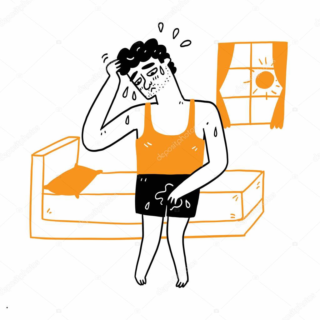 Man has sleep problems, congenital disease, bedwetting. Hand drawn vector illustration doodle style.