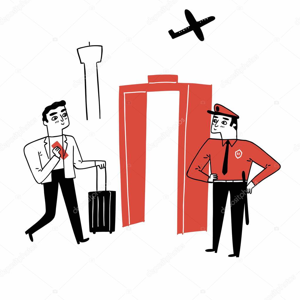 Check before boarding plane. Security border control. Airport staff cartoon characters on white background, Hand drawn Vector Illustration doodle style.