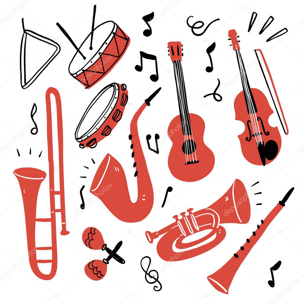 Musical instrument set. Can be used for orchestra, acoustic concert, music, school concept. Hand drawn vector illustration doodle style.