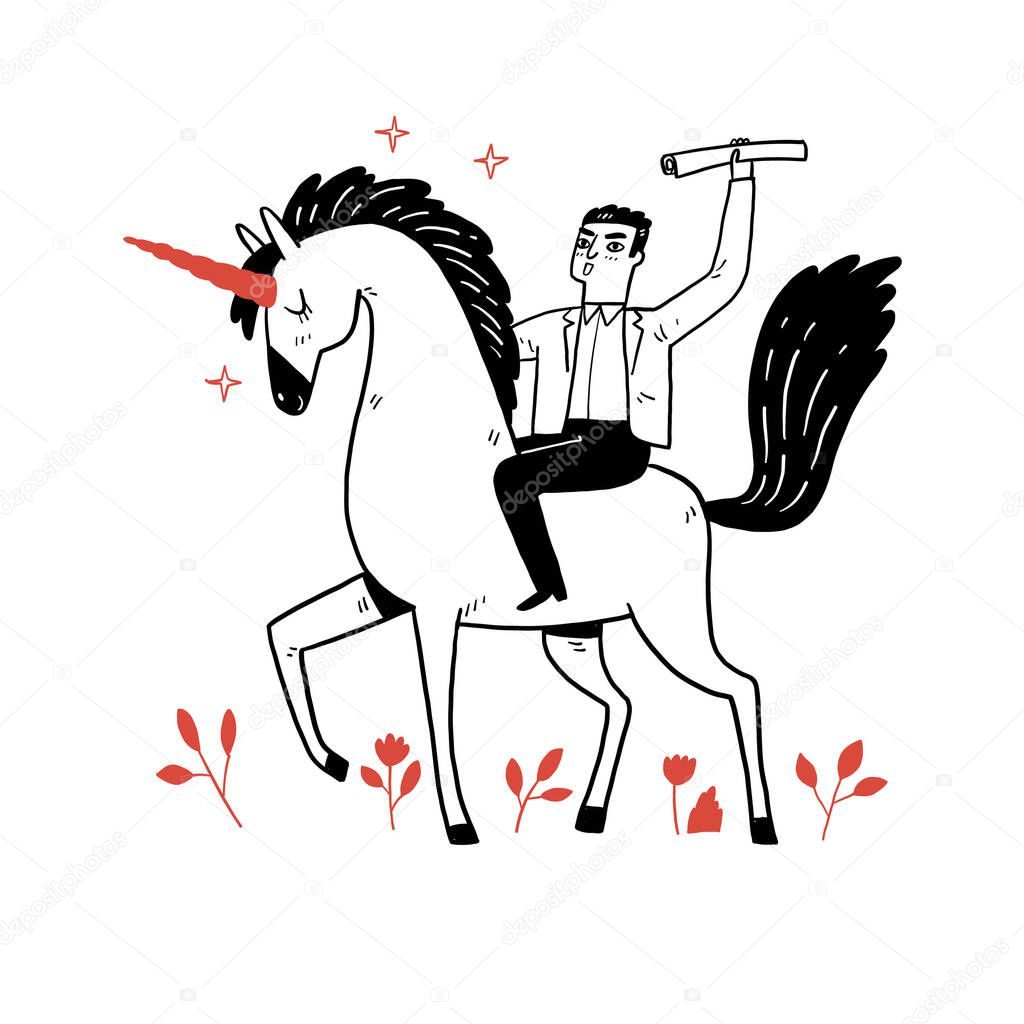 Businessman riding a unicorn, Hand drawn vector illustrations.