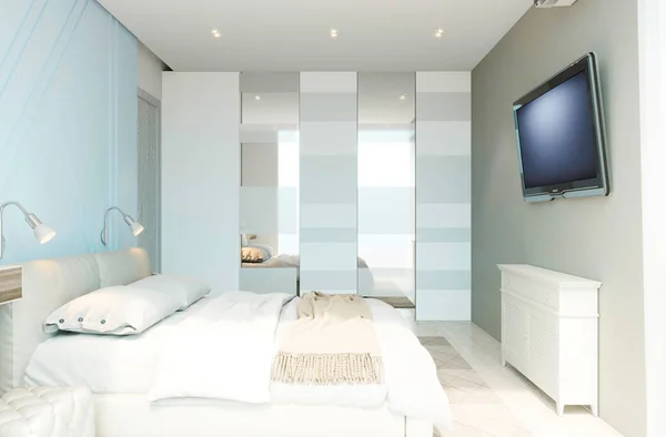 Modern Hálószoba Belsőépítészet Divatos Dekoráció Hangulatos Hálószoba Modern Lakás Kék — Stock Fotó