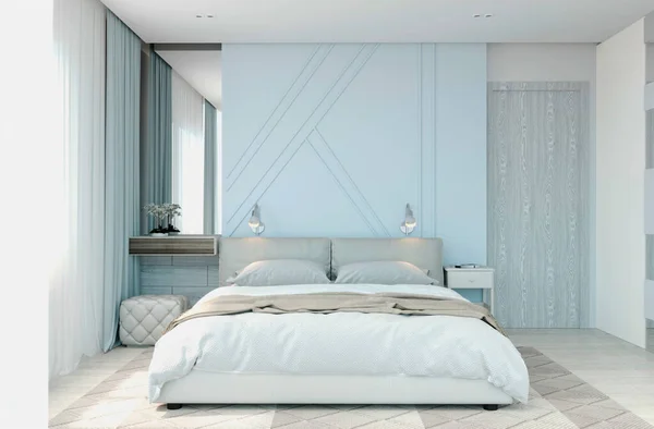 Modernes Schlafzimmerinterieur Tagsüber Gemütliche Einrichtung Des Schlafzimmers Mit Bett Spiegel — Stockfoto
