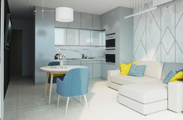 Estudio de cocina plana y sala de estar en colores gris claro y blanco. Estilo escandinavo . Fotos de stock