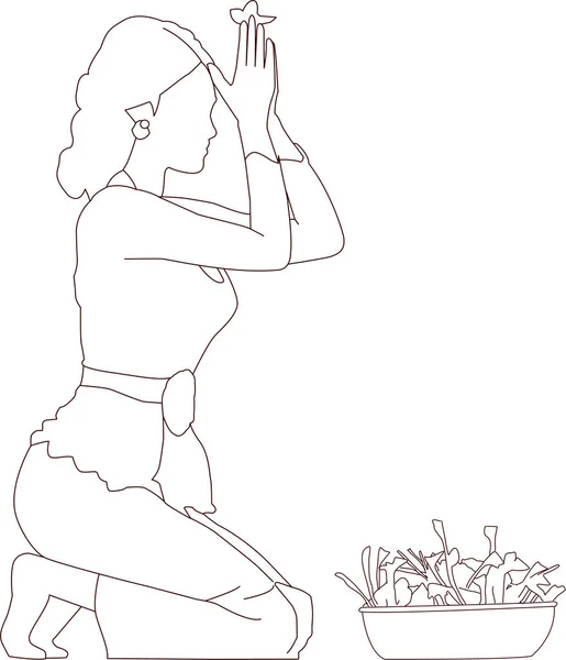 Bali Woman Pray Sketch Outline — Vettoriale Stock
