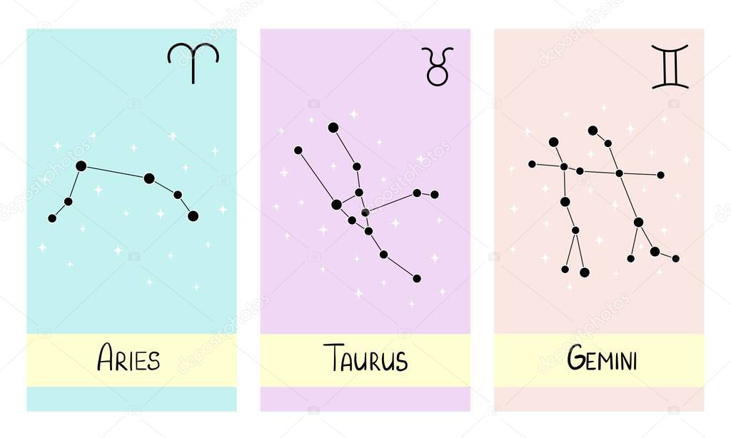 Star constellations zodiac aries, taurus, gemini. Vector illustration for printing, backgrounds, wallpapers, covers, packaging, greeting cards, posters, stickers, textile and seasonal design.