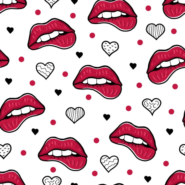 Bitten lip, heart pattern on white background. Illustration for printing, backgrounds, wallpapers, covers, packaging, greeting cards, posters, stickers, textile and seasonal design.