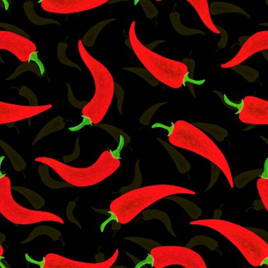 Siyah arka planda kırmızı biber deseni var. Yazdırma, arka plan, duvar kağıtları, kapaklar, ambalaj kartları, tebrik kartları, posterler, çıkartmalar, tekstil ve mevsimsel tasarım.