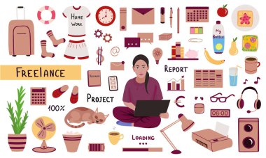 Serbest çalışma ayarlandı. Ev işi, ofis evi. Baskı, arka plan, duvar kağıtları, ambalaj, tebrik kartları, posterler, çıkartmalar, tekstil, mevsimlik tasarım için vektör ilüstrasyonu. Beyaz arkaplanda izole.