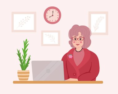 Büyükanne. Bilgisayarı olan mutlu bir büyükanne. Evde dizüstü bilgisayarla çalışan tatlı bir yaşlı kadın. Arkaplan, duvar kağıtları, kapaklar, ambalaj, tebrik kartları, tekstil, mevsimlik tasarım için vektör ilüstrasyonu.