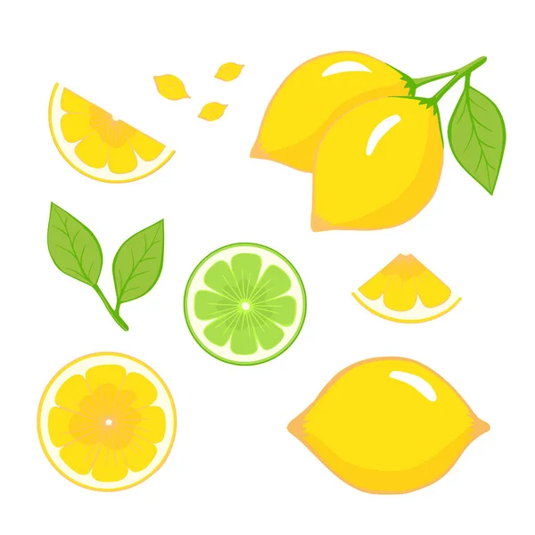 Vettore Limone Set Interi Tagliati Metà Tagliati Fette Pezzi Limoni — Vettoriale Stock