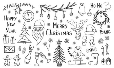 Noel seti. Yeni yılın kutlu olsun. Noel öğesini karala. Arkaplan, web, mobil tasarım, duvar kağıtları, ambalajlar, çıkartmalar, mevsimsel tasarım için vektör illüstrasyon. Beyaz arkaplanda izole.