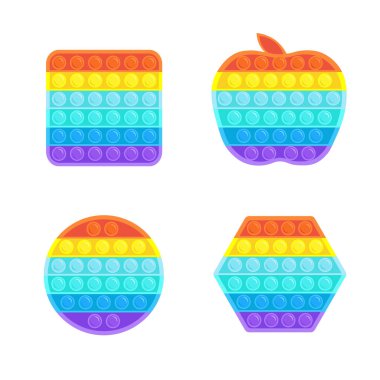 Pop It oyuncak seti. Stres önleyici. Oyuncak ikonu, moda oyuncak. Geçmiş, kapak, ambalaj, tebrik kartları, afişler, çıkartmalar, tekstil, mevsimlik tasarım için vektör ilüstrasyonu. Beyaz arkaplanda izole.