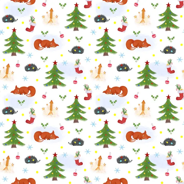 Winter Forest patroon met vossen en egels. Illustratie voor afdrukken, achtergronden, wallpapers, covers, verpakkingen, wenskaarten, posters, stickers, textiel, seizoensgebonden design. — Stockfoto