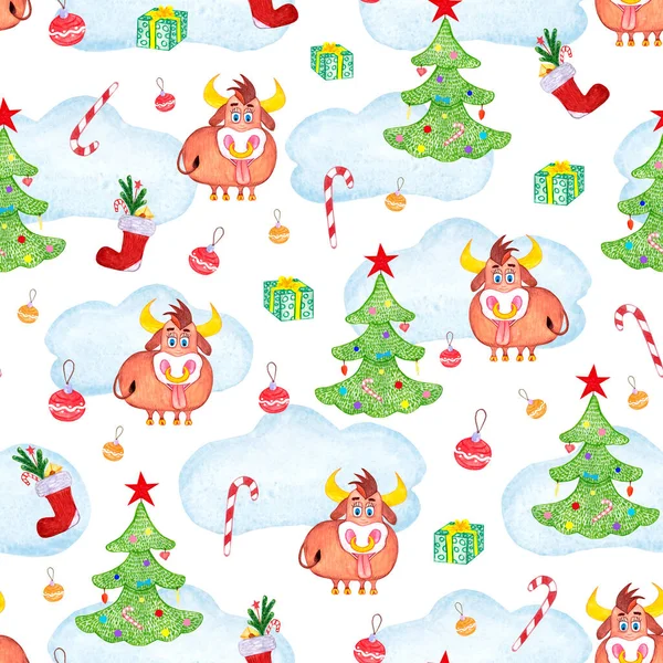 Naadloos nieuwjaarspatroon met een kerstboom, stieren. Illustratie voor afdrukken, achtergronden, wallpapers, covers, verpakkingen, wenskaarten, posters, stickers, textiel, seizoensgebonden design. — Stockfoto